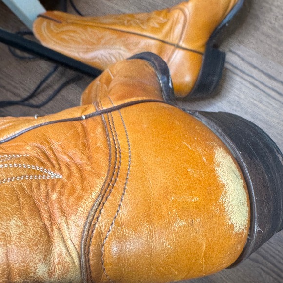 Justin Bay Apache Leather Western Cowboy Boots F3408 Mens 8.5B Tan Made In USA - Picture 9 of 16